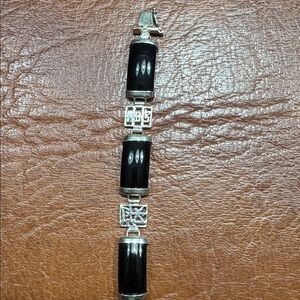 Sterling Silver Asian Symbols and Rectangle Onyx Link Bracelet Excellent Shape